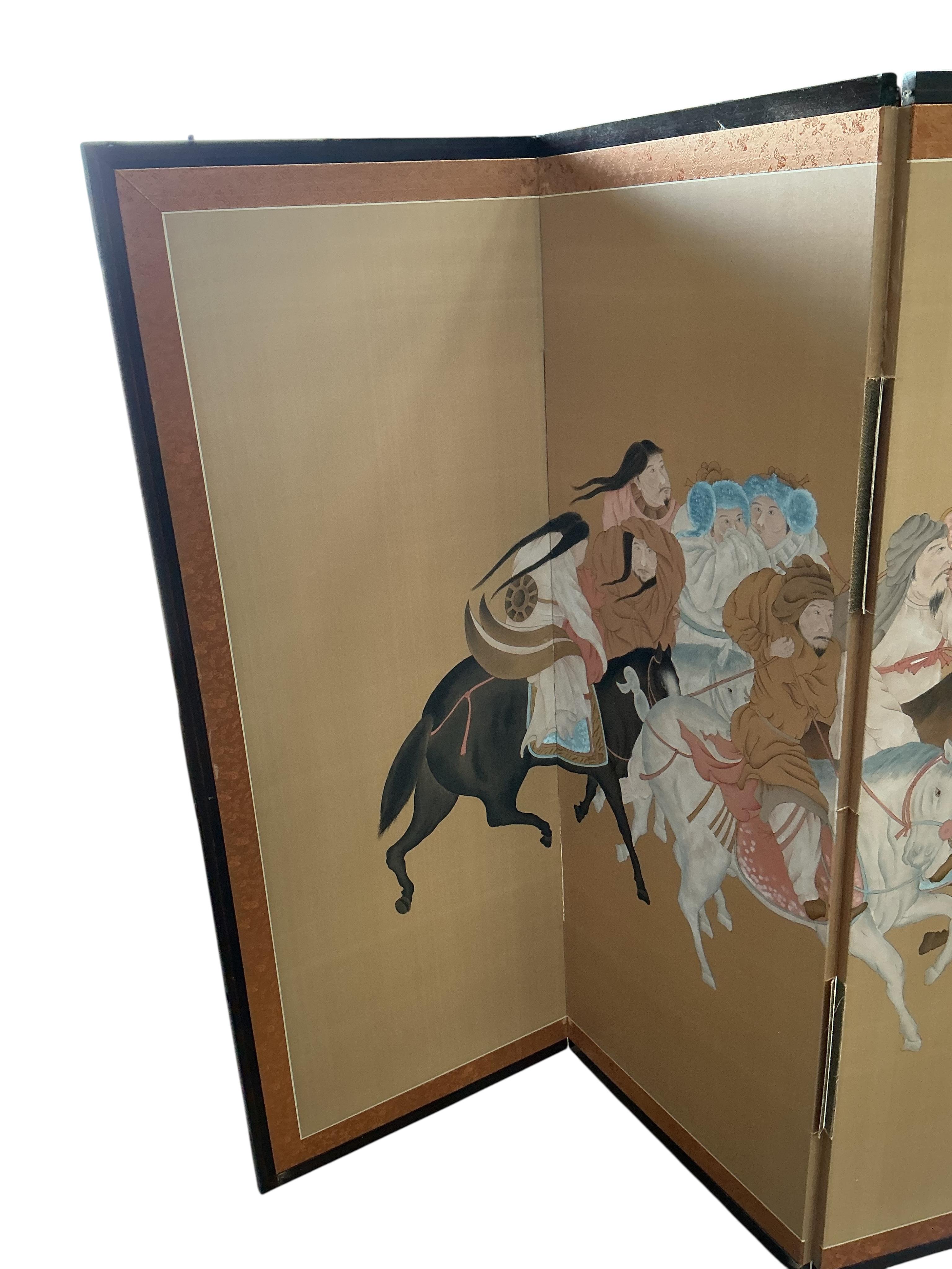 A Chinese four fold screen, each panel width 47cm, height 122cm